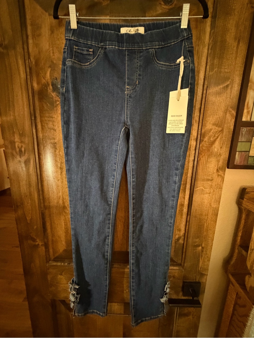 CHARLIE B Women’s Skinny Stretch Denim Jeans with denim flowers & slit at ankle
